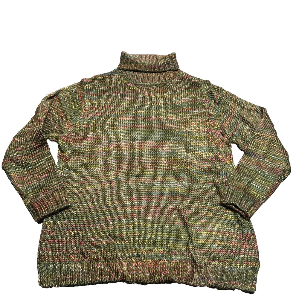 Vintage White Stag Green Multicolor Striped Turtleneck Sweater L 90s Y2K